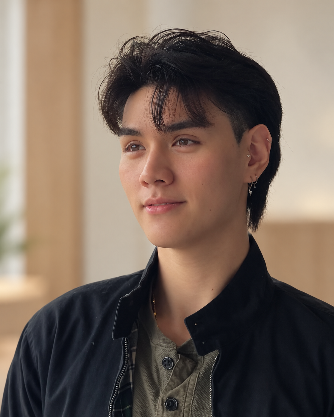 Ultrafade haircut with soft flow against a gently blurred salon background